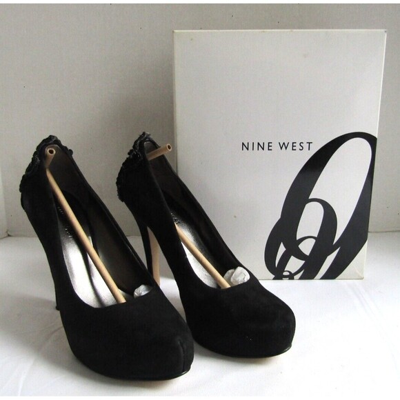 Nine West Black Suede Heels Beaded With Box Womens Size 6 - Picture 11 of 11